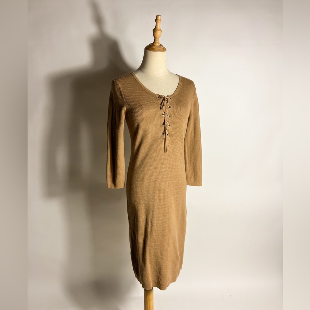 Y2K MODA INT’L Bodycon Lace Up Camel Tan Long Sleeve Knit Dress Small